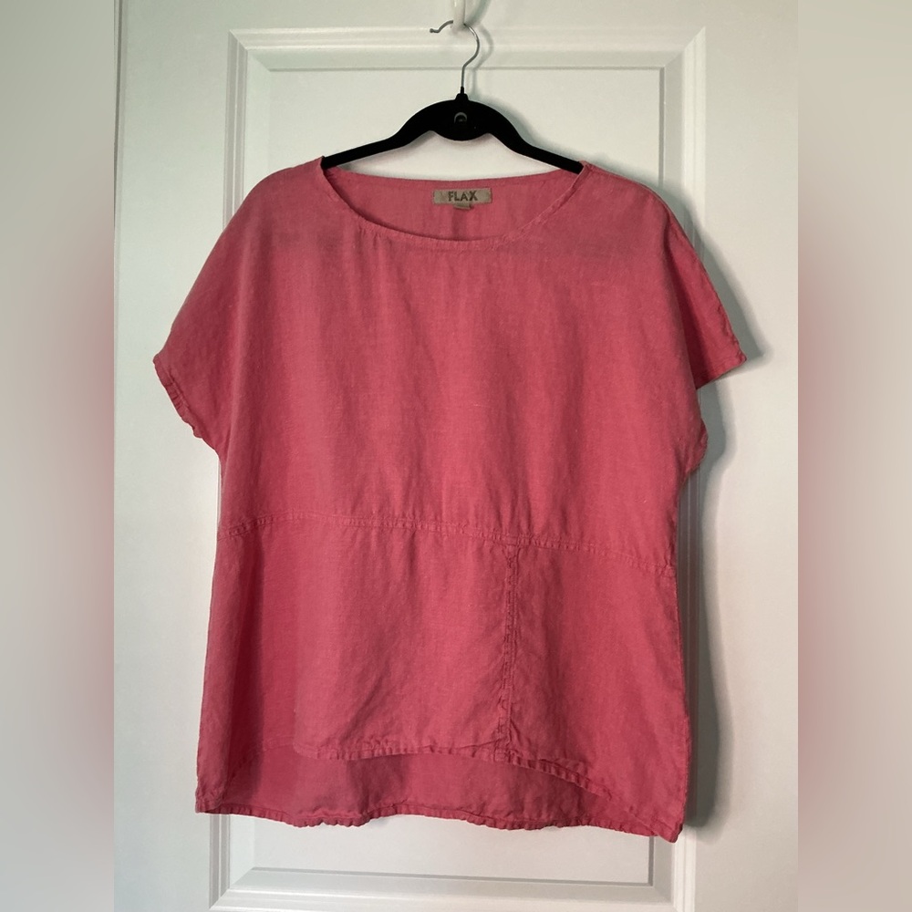 FLAX Women’s Linen Short Sleeve Blouse Pink Size S